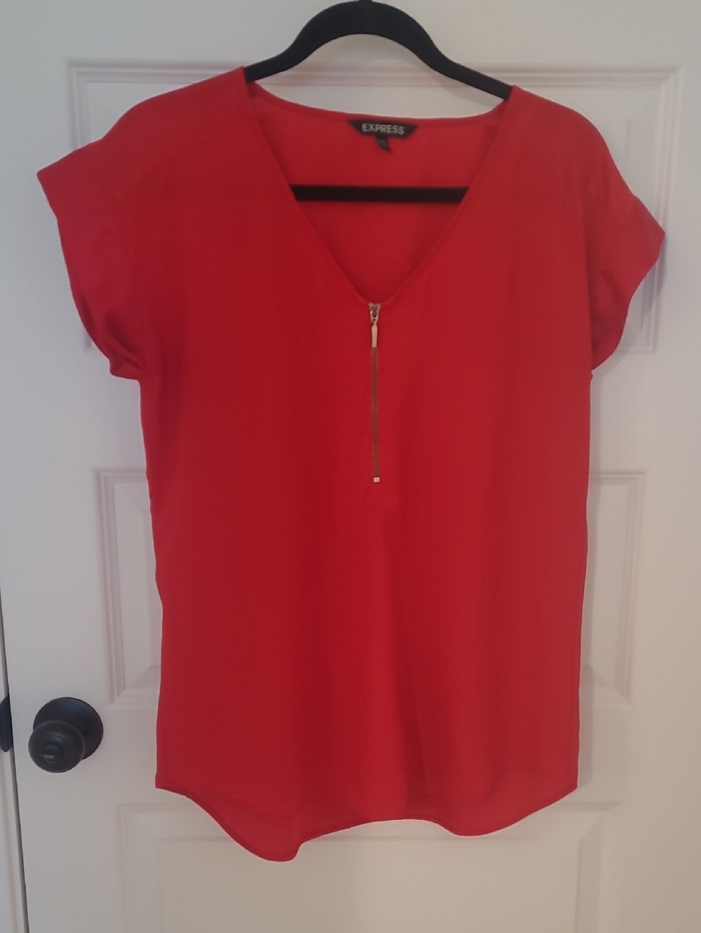 Express Red V-Neck Blouse with Gold Zip